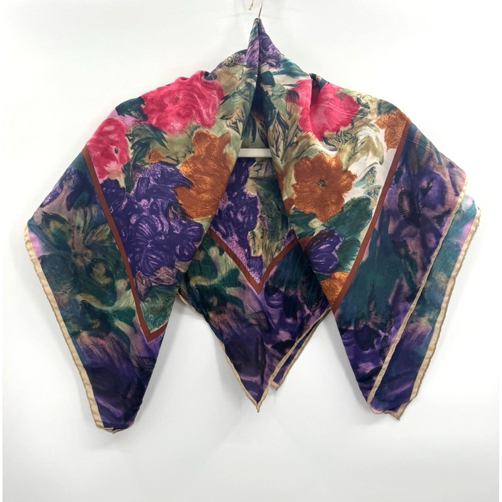 Large Silk Floral Scarf Wrap Shawl 34" Bold Rolled Edge Quiet Luxury Boho Fairy
